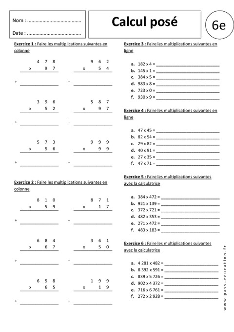 Calcul posé Multiplication 6ème Exercices corrigés Pass Education | Hot ...