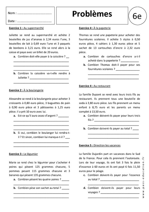 Multiplications – Nombres entiers – Décimaux – Problèmes - Exercices ...