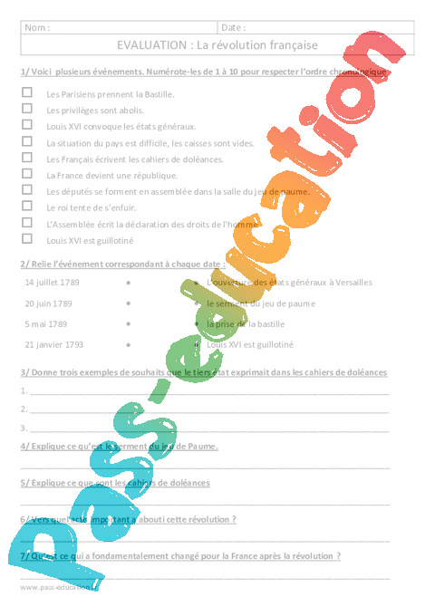 R volution Fran aise Cm1 Cm2 Evaluation Cycle 3 PDF Imprimer