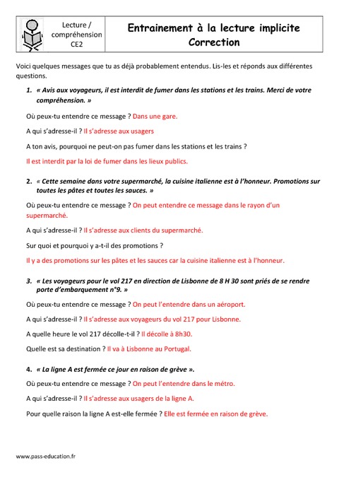 Lecture compréhension - Entrainement à la lecture implicite – Ce2 ...