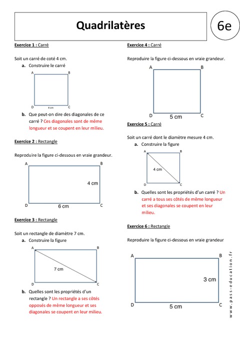 Quadrilatères - Exercices corrigés - 6ème - Géométrie - Carré ...