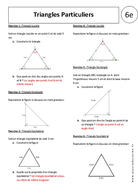 Triangles particuliers - 6ème - Exercices corrigés - Triangle Isocèle ...