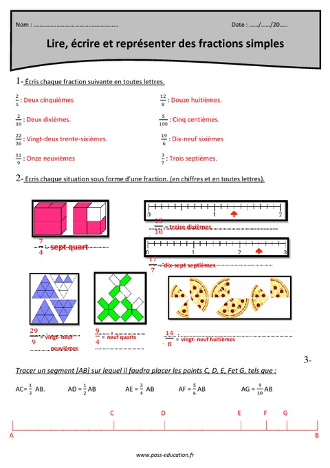 Lire, écrire et représenter des fractions simples - Cm2 - Exercices