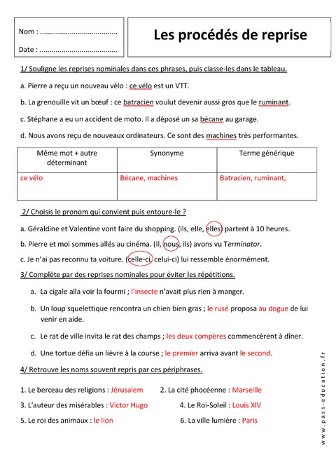 Pronominales, nominales, périphrases - 6ème - Exercices sur les ...