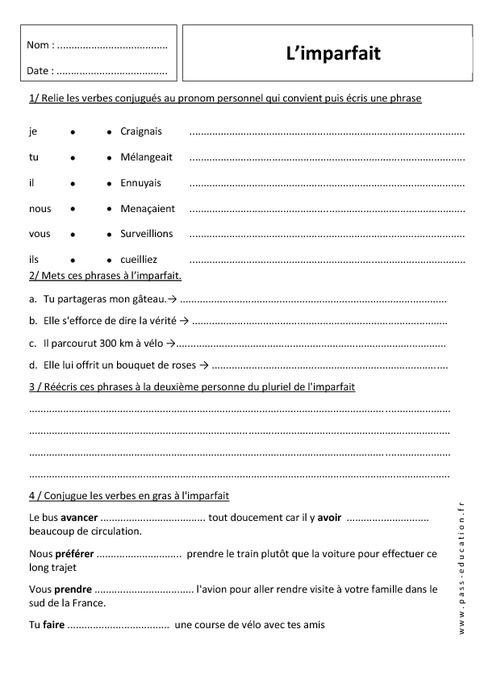 Exercices Imparfait Gratuits , Fiches d’exercices de Conjugaison – AJKCJ