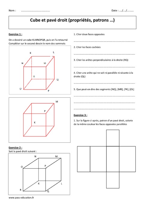 Cube et pavé droit - 6ème - Exercices - Patrons - Propriétés - Pass ...