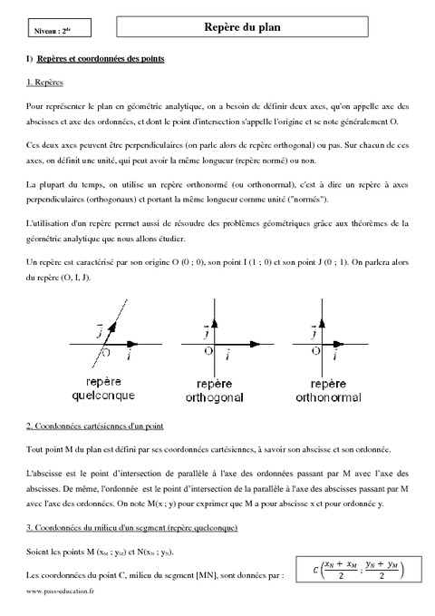 Repère du plan - Seconde - Cours de géométrie - Pass Education