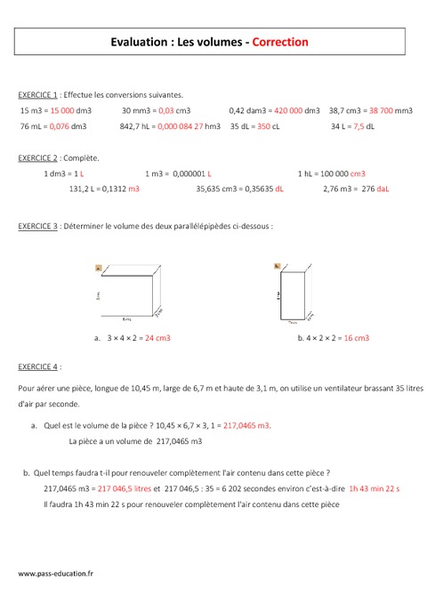 Volumes - 6ème - Contrôle corrigé - Pass Education