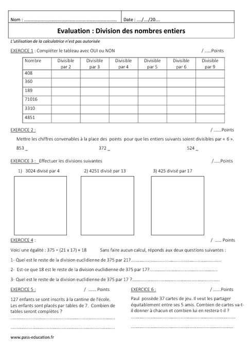 evaluation maths 6ème nombres entiers - exercices nombres entiers 6e