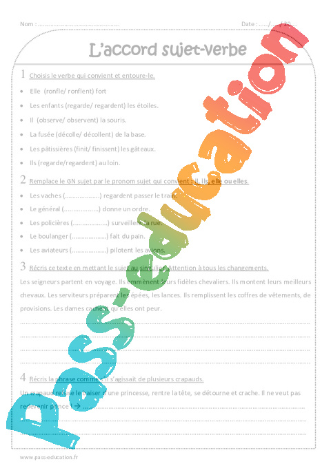 Accord Sujet verbe Ce2 Exercices Corrig s Cycle 2 PDF Imprimer