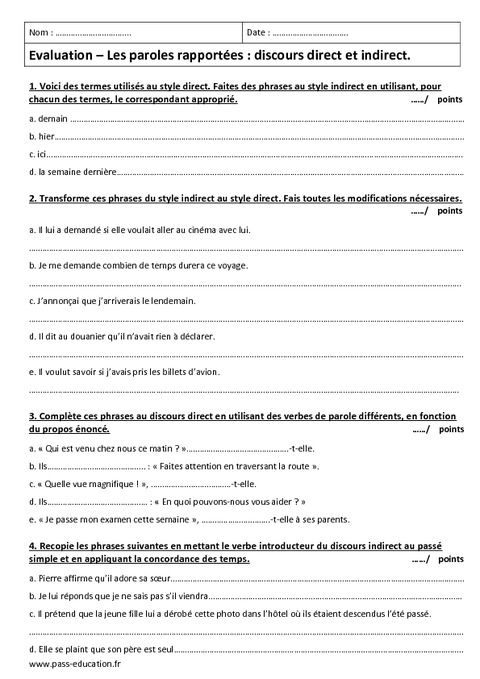 Discours direct et indirect - Paroles rapportées - 4ème - Evaluation ...