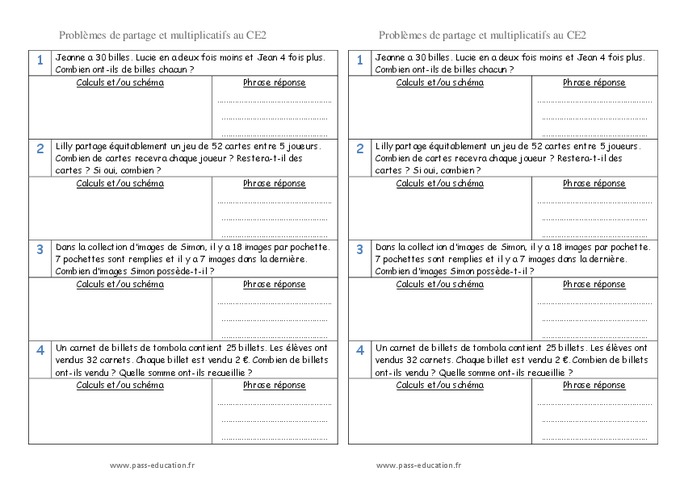 Multiplicatifs et partage - Ce2 - Problèmes - Pass Education