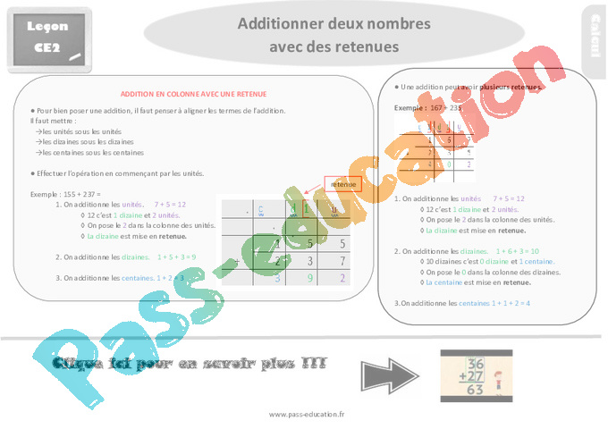 Leçon, trace écrite sur additionner deux nombres avec des retenues au ...