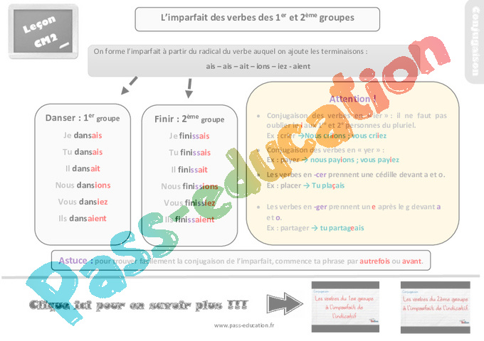Leçon, trace écrite sur l'imparfait des verbes des 1er et 2ème groupes