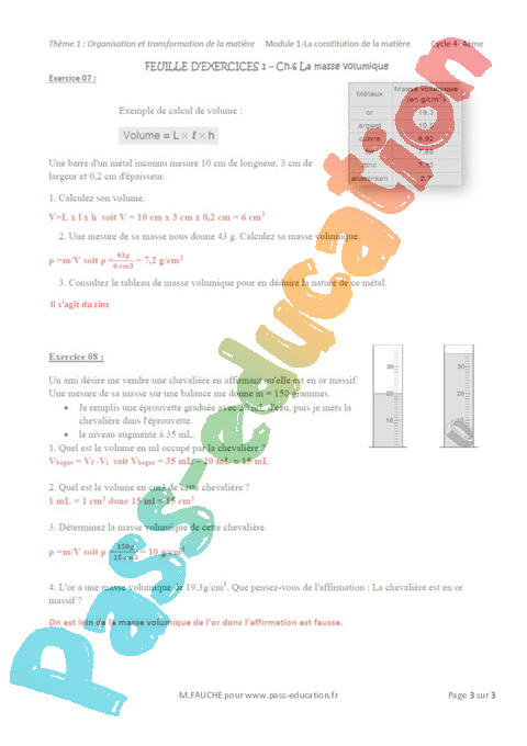 La masse volumique – 4ème – Exercices avec les corrections - PDF à imprimer