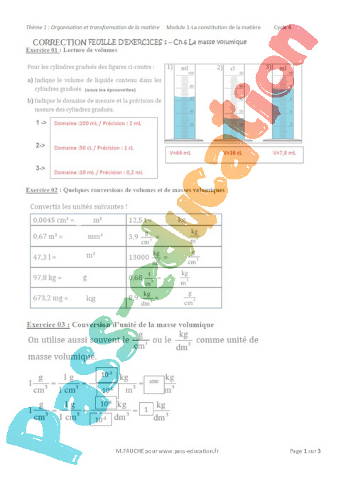 La masse volumique – 4ème – Exercices avec les corrections - PDF à imprimer