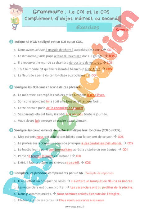 Le COI et le COS Complément d’objet indirect ou second – Exercices de ...