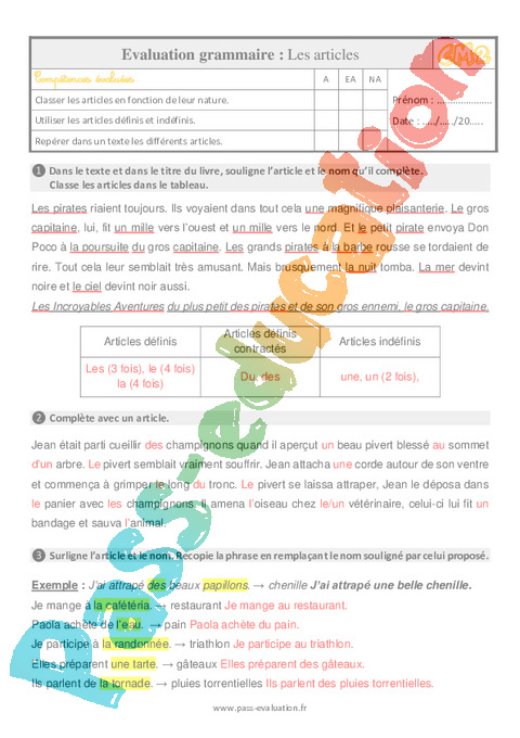 Les Articles Au Cm2 Evaluation Et Bilan Avec Le Corrig Cycle 3 