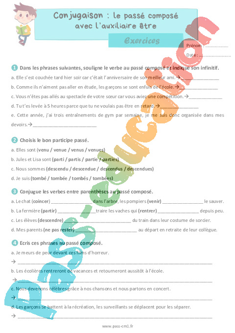 Le Passé Composé Avec L’auxiliaire être Exercices De Conjugaison Pour Le Cm1 Pdf à Imprimer