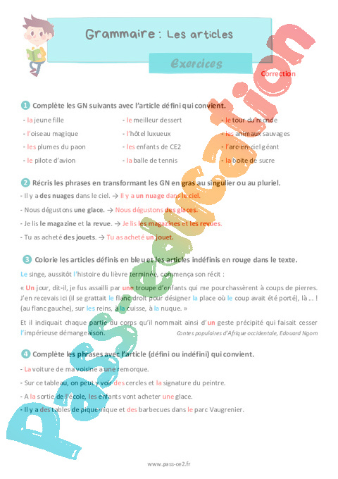 Les Articles Exercices Grammaire Pour Le Ce2 Cycle 2 PDF Imprimer