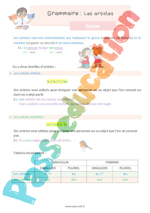Les Articles Le on De Grammaire Pour Le Ce2 Cycle 2 PDF Gratuit 
