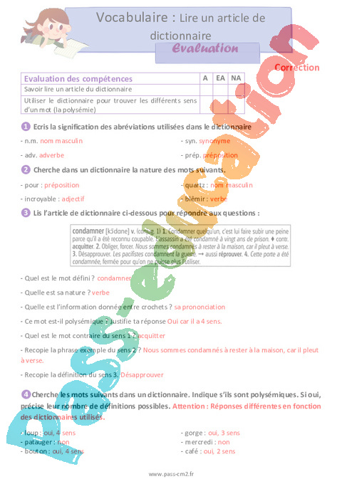 Lire Un Article Dictionnaire CM2 Evaluation Avec Les Corrig s 