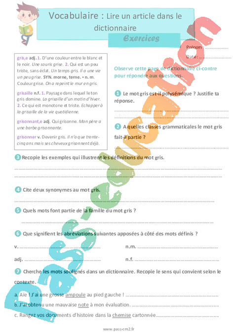 Lire Un Article Dictionnaire CM2 Exercices Avec Les Corrections 