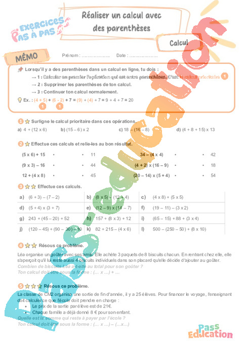 Leçon, exercice et évaluation :<br/> 4 Opérations : CM2