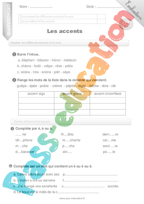 Accents Ce1 Cycle 2 Exercice Evaluation Revision Lecon