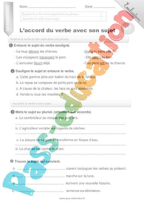 Accord Sujet Verbe CE2 Exercice valuation R vision Le on Pdf 