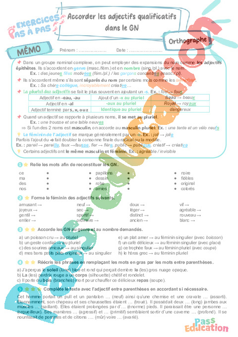 Cours et exercice : Accorder les adjectifs qualificatifs dans le groupe nominal : 6ème
