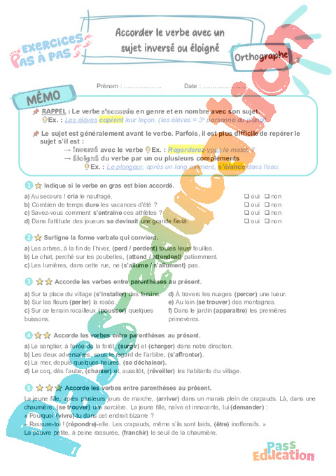 Leçon, exercice et évaluation :<br/> Accorder un verbe avec un sujet inversé ou éloigné : CM2