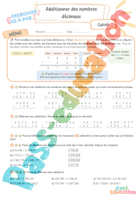 Leçon, exercice et évaluation :<br/> Addition de Nb décimaux : CM2
