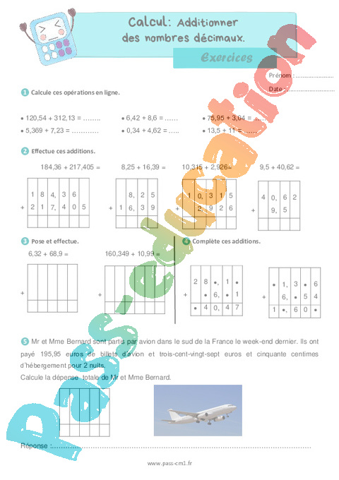 Leçon, exercice et évaluation :<br/> Addition / Dénombrement : CM1