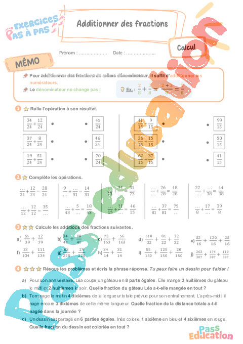 Leçon, exercice et évaluation :<br/> Additionner des fractions : CE2