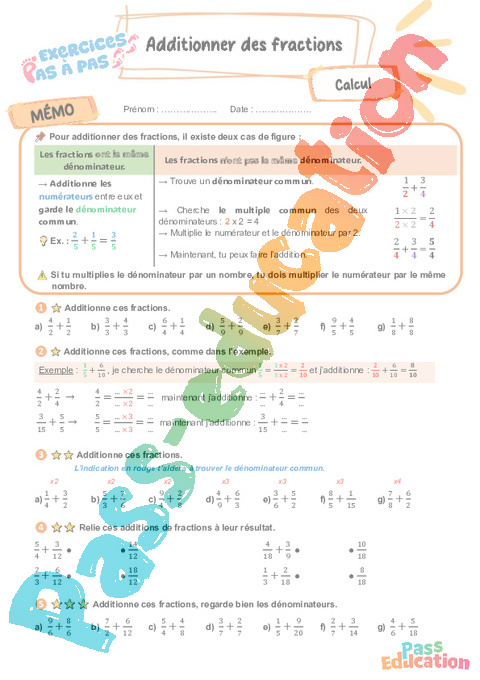 Leçon, exercice et évaluation :<br/> Additionner des fractions : CM2