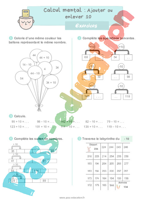 Leçon, exercice et évaluation :<br/> Ajouter ou enlever 10 : CE1