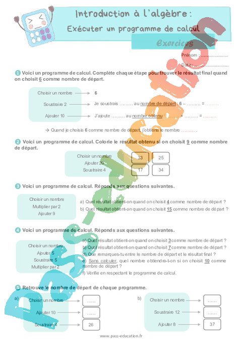Leçon, exercice et évaluation :<br/> Algèbre : CM1