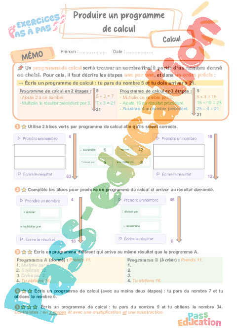 Leçon, exercice et évaluation :<br/> Algèbre : CM2