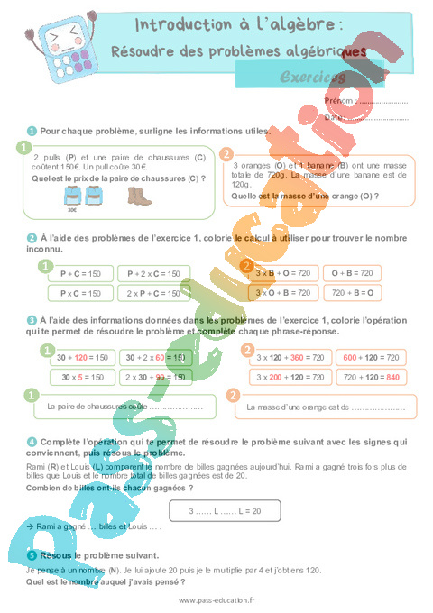 Leçon, exercice et évaluation :<br/> Algébriques : CM2