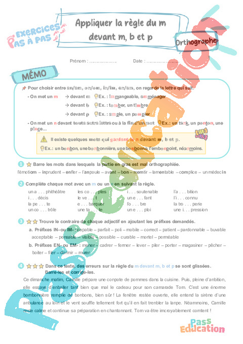 Leçon, exercice et évaluation :<br/> Appliquer la règle du m devant m, b et p : CE2