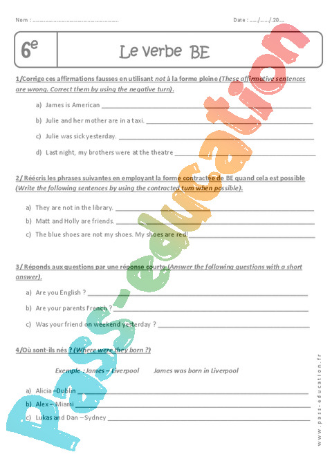 Exercice Anglais Can Can T 6 me Imprimer JULAL