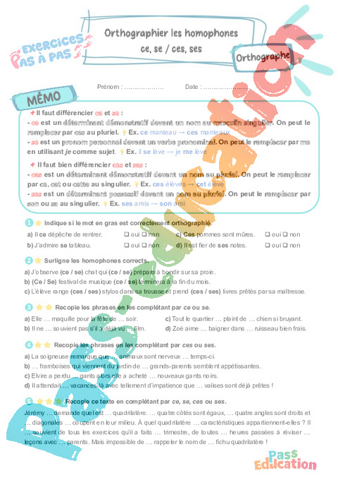 Leçon, exercice et évaluation :<br/> ce, se / ces, ses : Orthographier les homophones : CM2