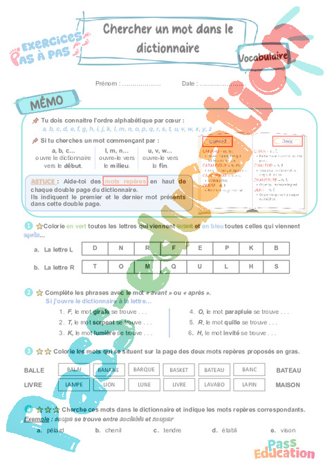 Leçon, exercice et évaluation :<br/> Chercher un mot dans le dictionnaire : CE2