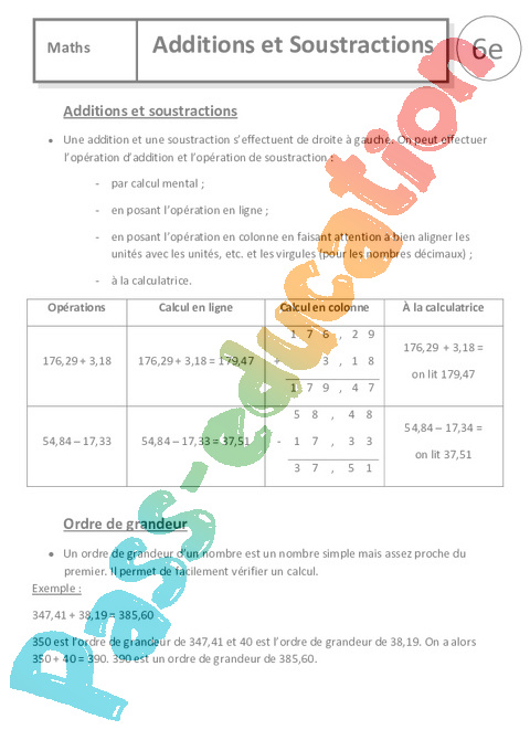 Cours Addition / Soustraction : 6ème