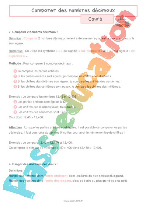 Cours Comparer des nombres décimaux : 6ème