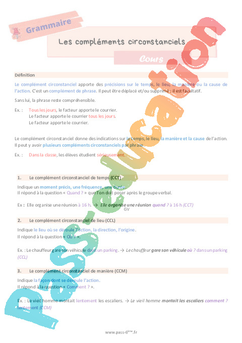 Cours Complément de phrase / complément circonstanciel : 6ème