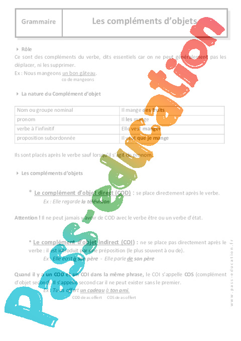 Cours Complément du verbe: COD, COI, COS : 5ème