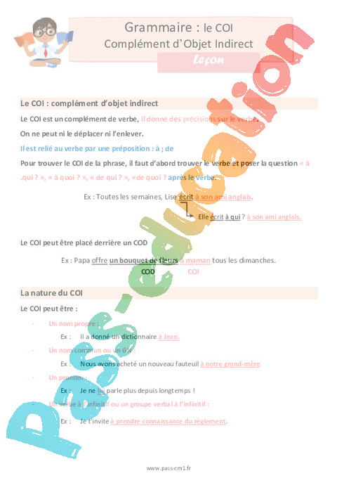 Leçon Complément du verbe: COD, COI, COS : CM1