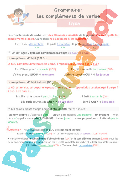 Leçon Complément du verbe: COD, COI, COS : CM2